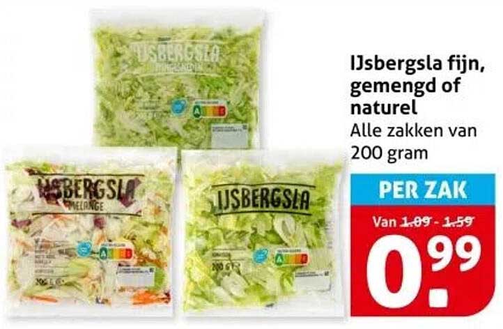 IJsbergsla fijn, gemengd of naturel, Alle zakken van 200 gram