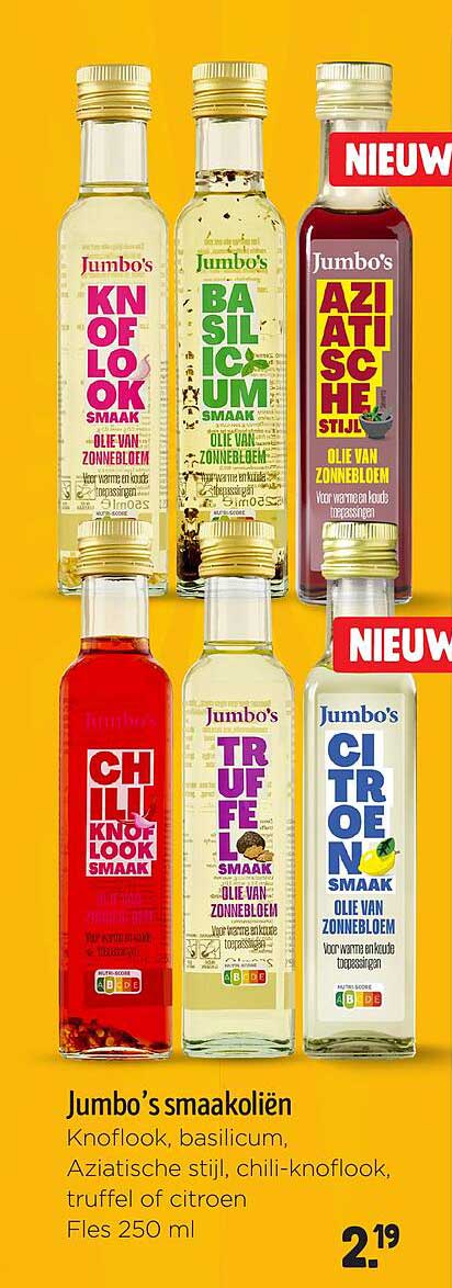 Jumbo's smaakoliën Knoflook, basilicum, Aziatische stijl, chili-knoflook, truffel of citroen Fles 250 ml