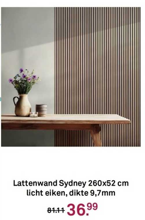 Lattenwand Sydney 260x52 cm licht eiken, dikte 9,7mm