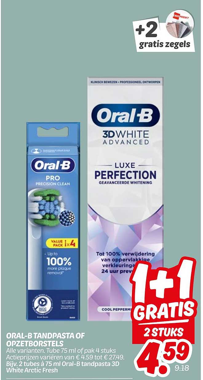ORAL-B TANDPASTA OF OPZETBORSTELS 1+1 GRATIS 2 STUKS € 4,59