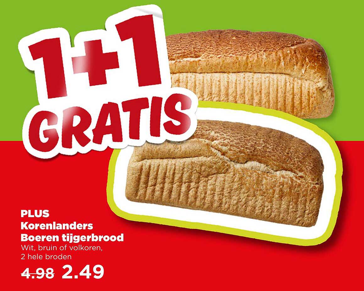 PLUS Korenlanders Boeren tijgerbrood, Wit, bruin of volkoren, 2 hele broden