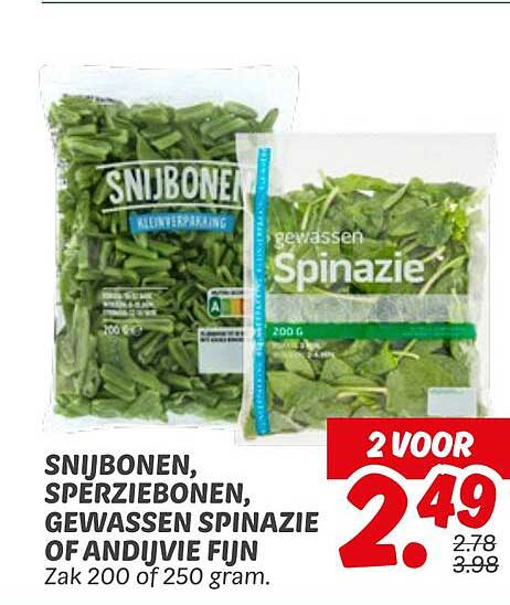 SNijbonen, sperziebonen, gewassen spinazie of andijvie fijn