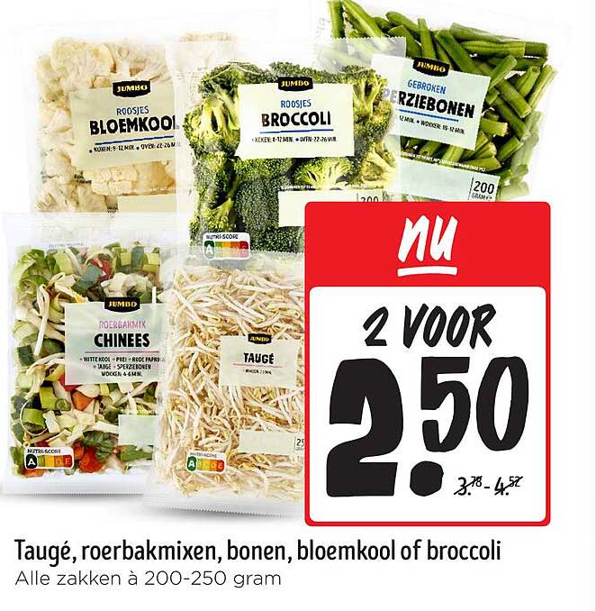 Taugé, roerbakmixen, bonen, bloemkool of broccoli