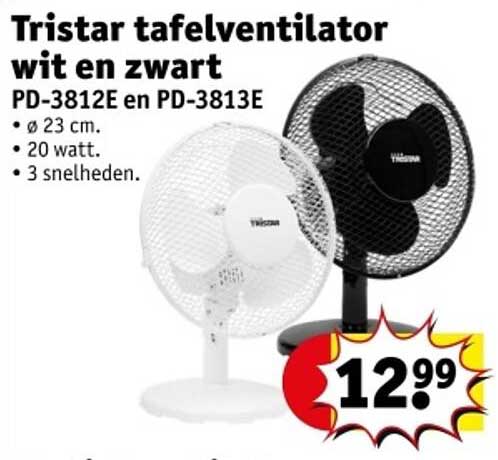 Tristar tafelventilator wit en zwart PD-3812E en PD-3813E