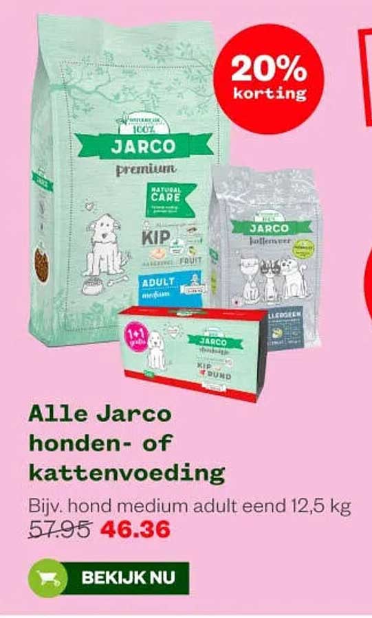 Alle Jarco honden- of kattenvoeding 20% korting