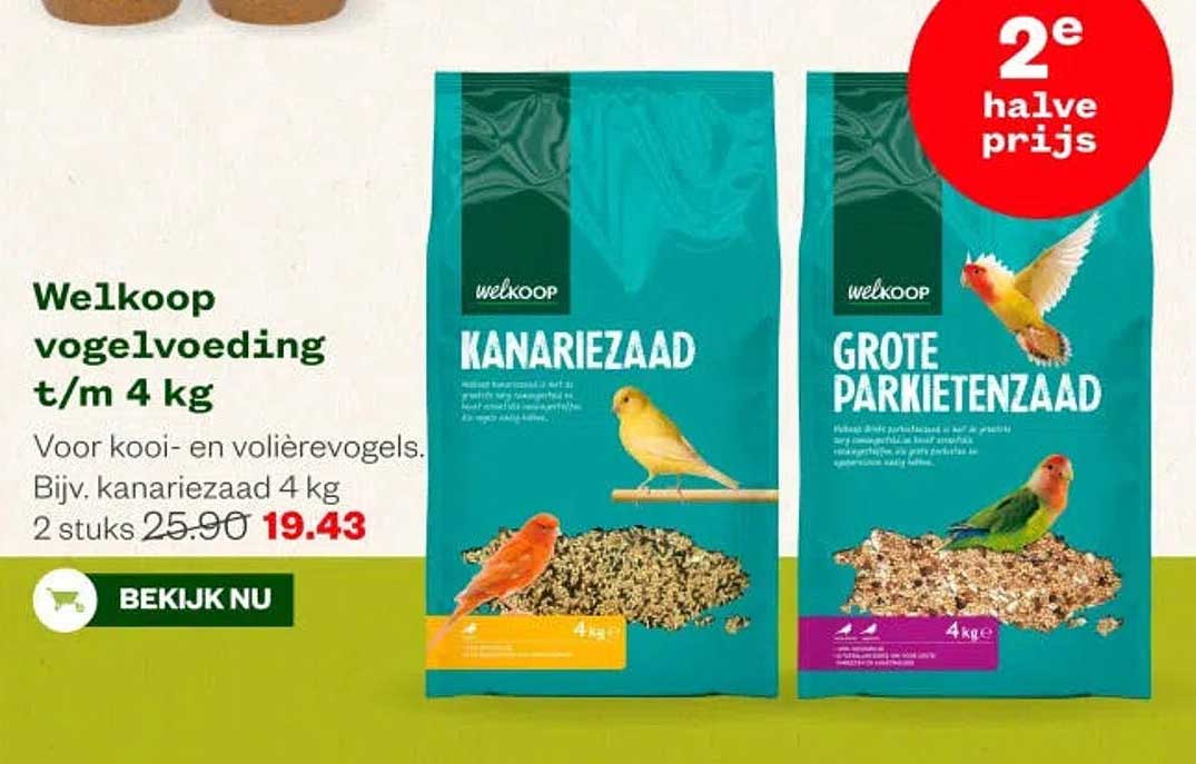 Welkoop vogelvoeding t/m 4 kg 2e halve prijs