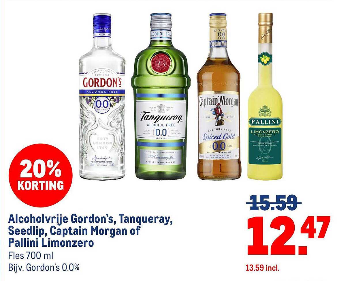 Alcoholvrije Gordon's, Tanqueray, Seedlip, Captain Morgan of Pallini Limonzero