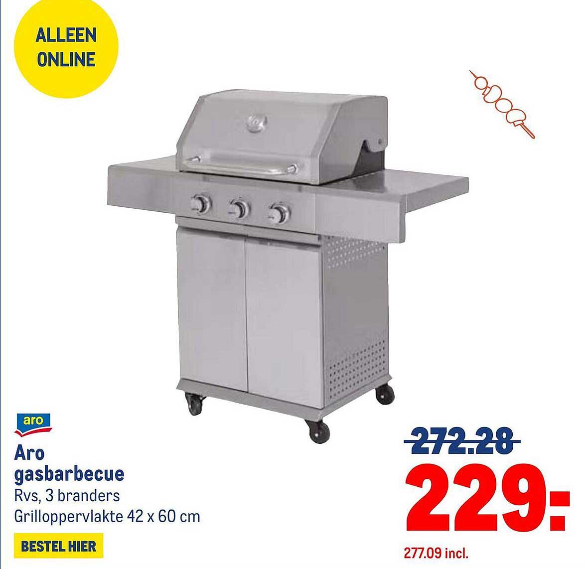 Aro gasbarbecue Rvs, 3 branders, Grilloppervlakte 42 x 60 cm
