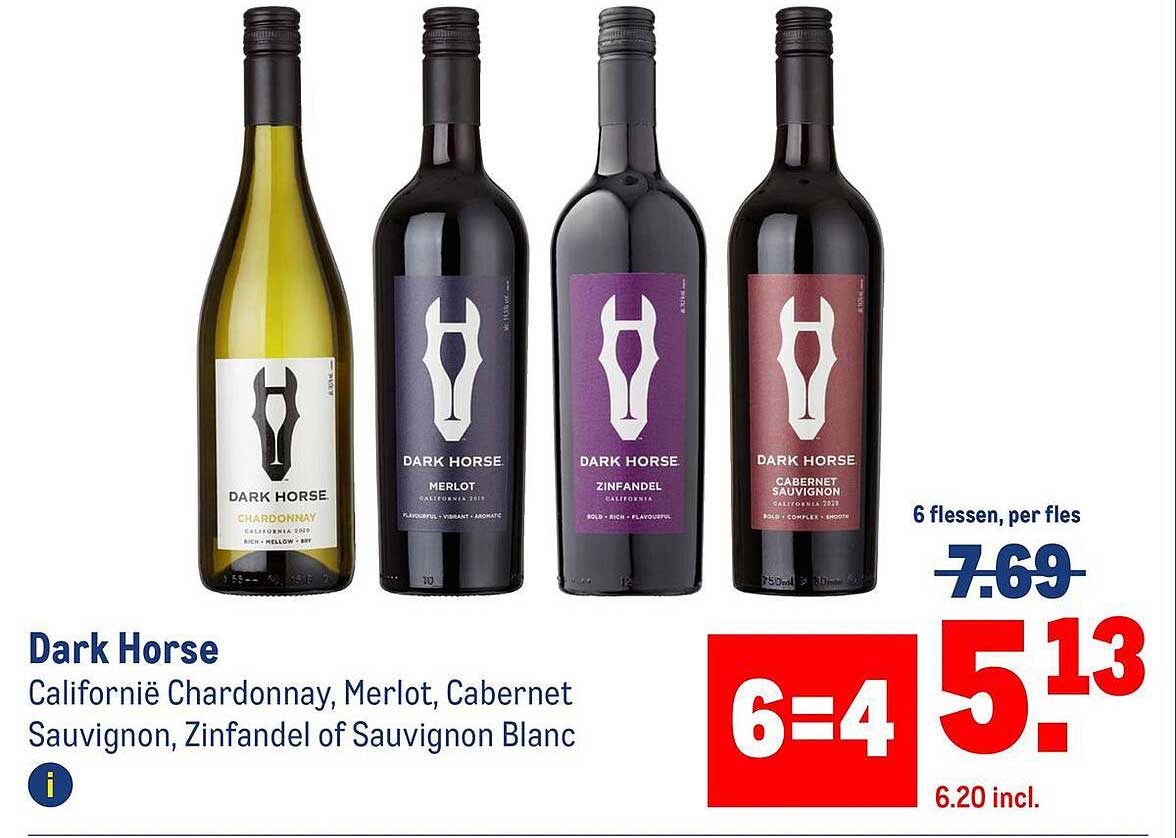 Dark Horse - Californië Chardonnay, Merlot, Cabernet Sauvignon, Zinfandel of Sauvignon Blanc