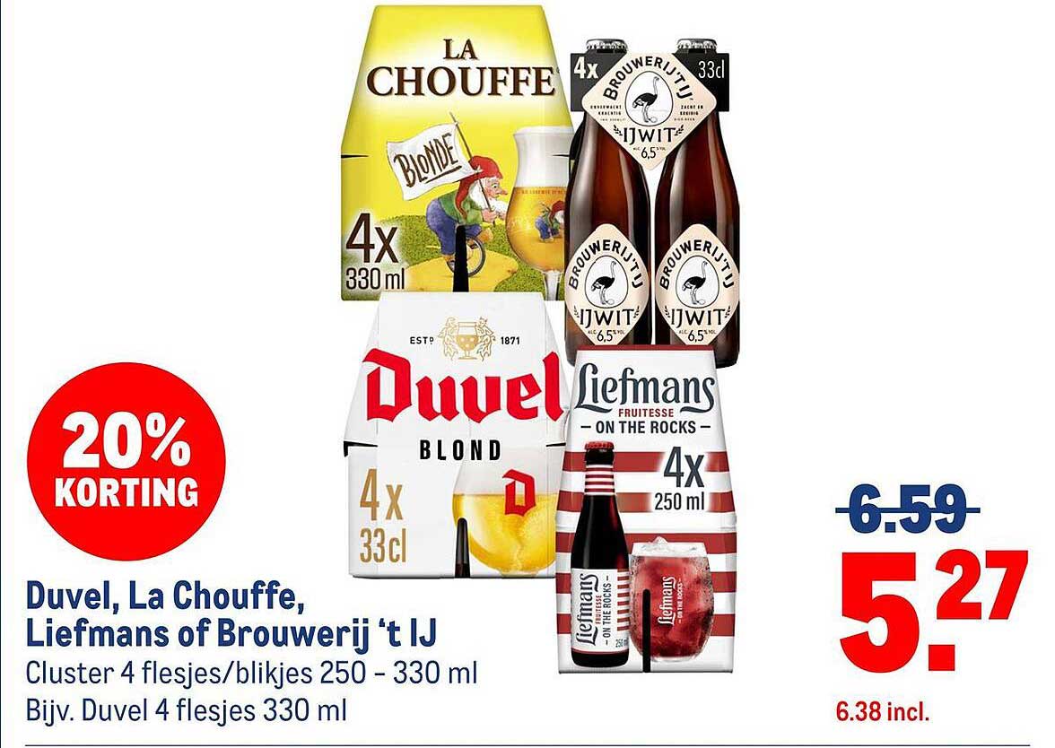 Duvel, La Chouffe, Liefmans of Brouwerij 't IJ - Cluster 4 flesjes/blikjes 250 - 330 ml