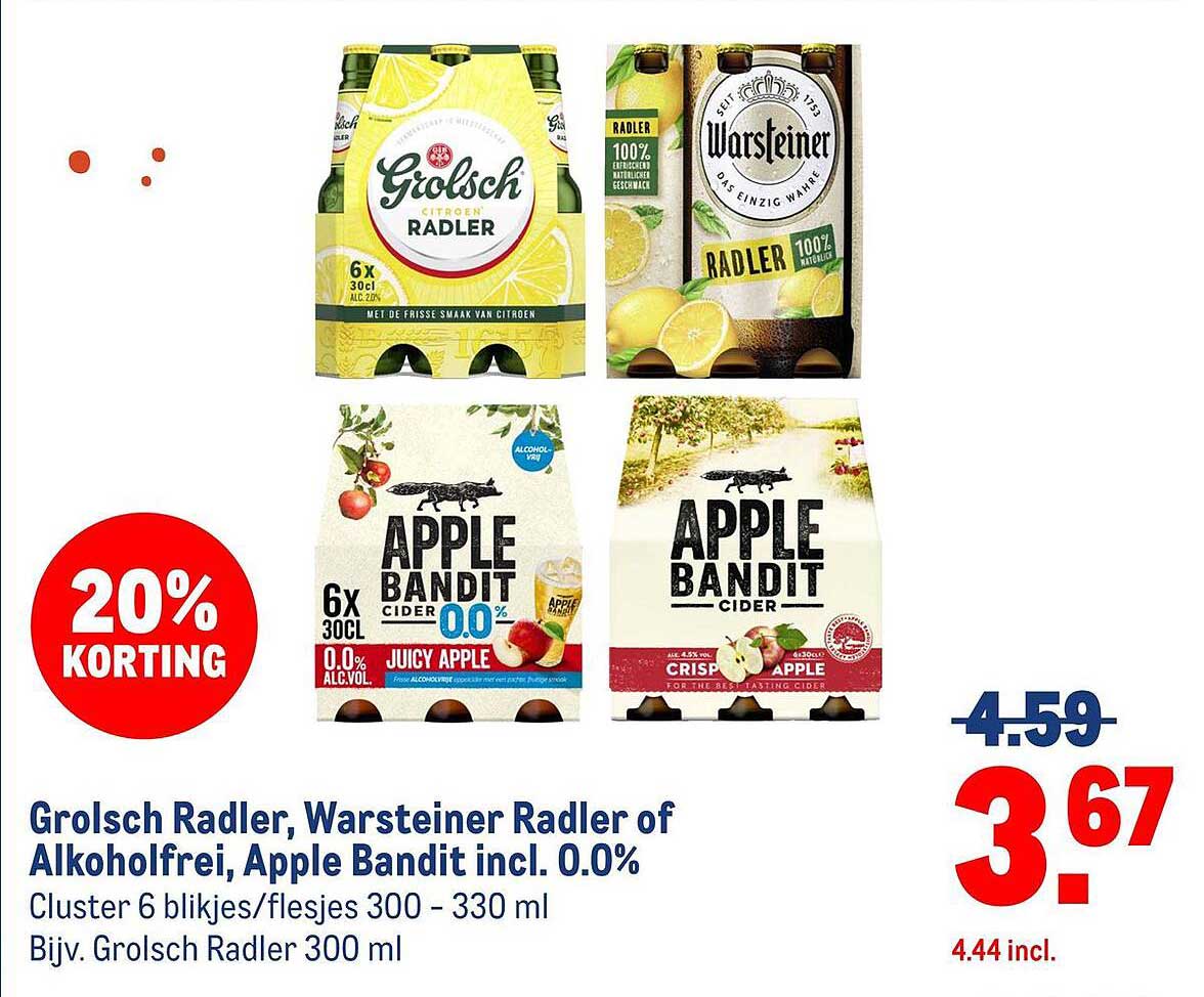 Grolsch Radler, Warsteiner Radler of Alcoholvrij, Apple Bandit incl. 0.0%