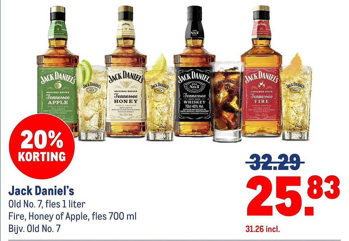 Jack Daniel's Old No. 7, fles 1 liter - Fire, Honey of Apple, fles 700 ml