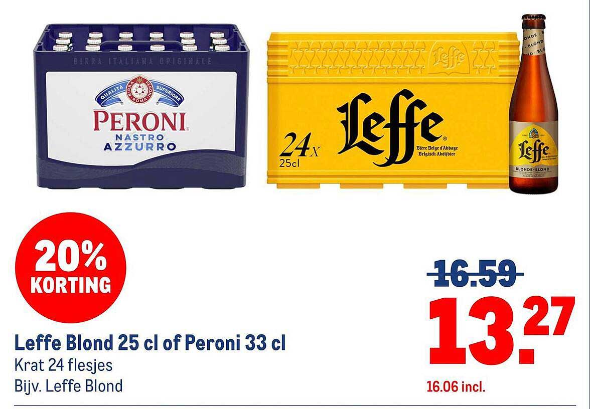 Leffe Blond 25 cl of Peroni 33 cl Krat 24 flesjes