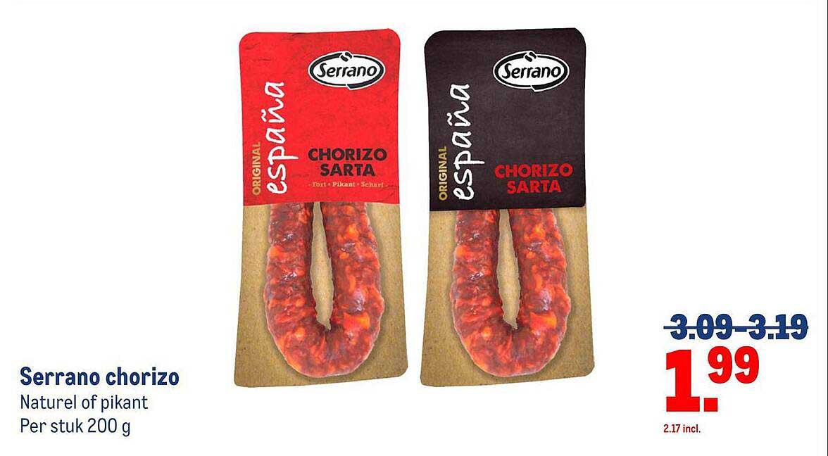 Serrano chorizo Naturel of pikant Per stuk 200 g