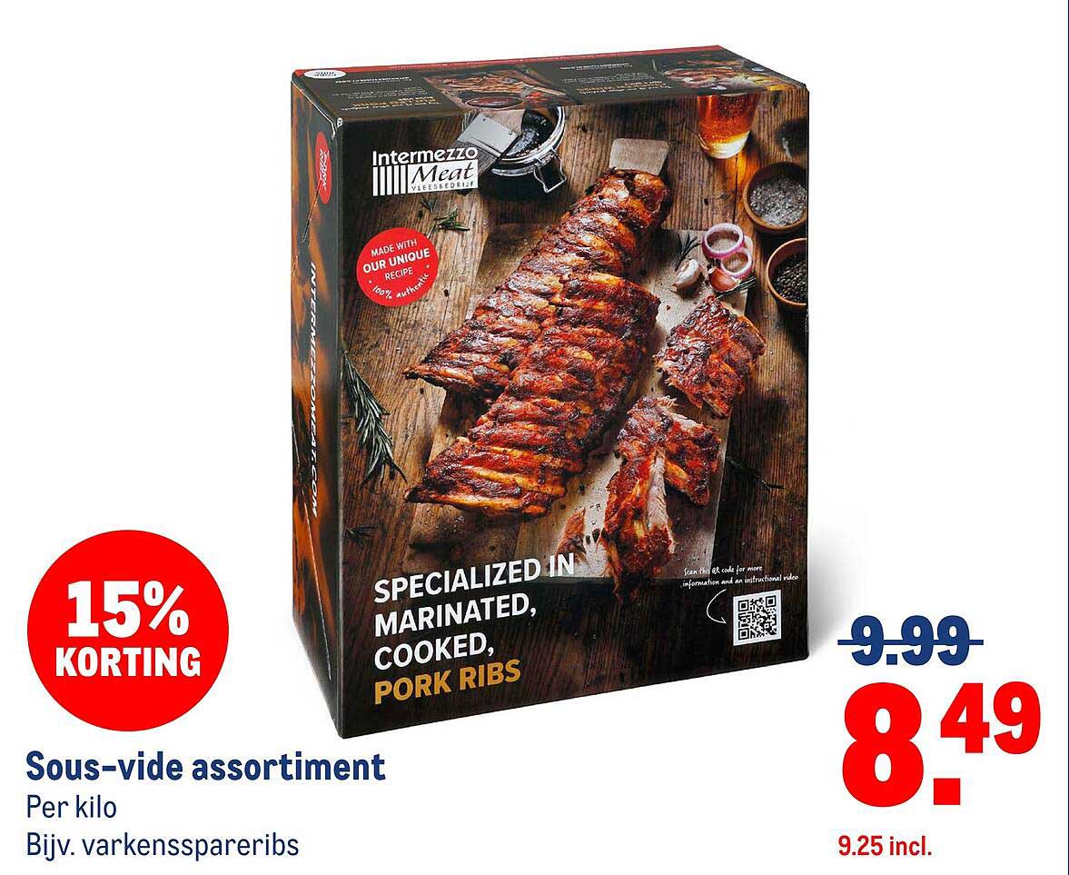 Sous-vide assortiment Per kilo Bijv. varkensspareribs 15% korting