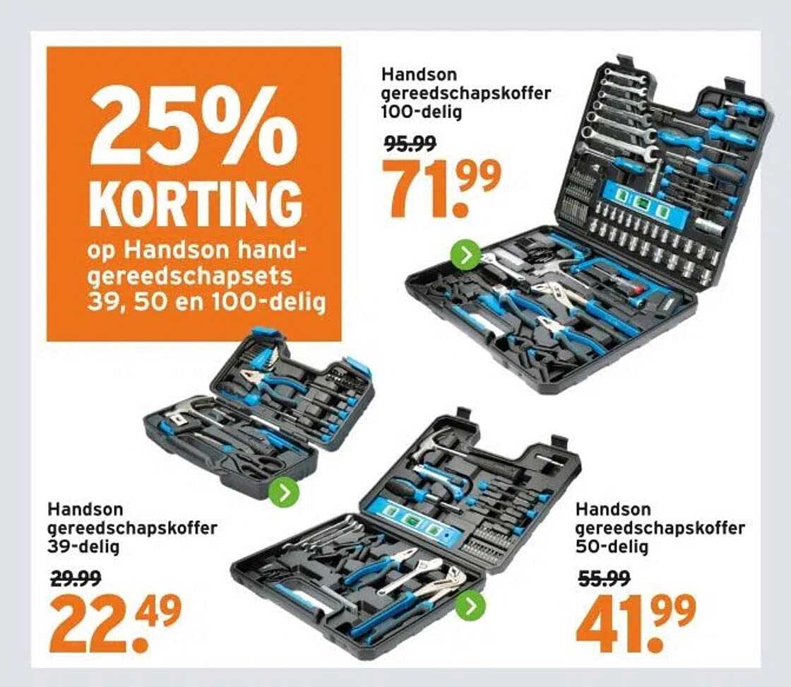 25% KORTING op Handson handgereedschapsets 39, 50 en 100-delig