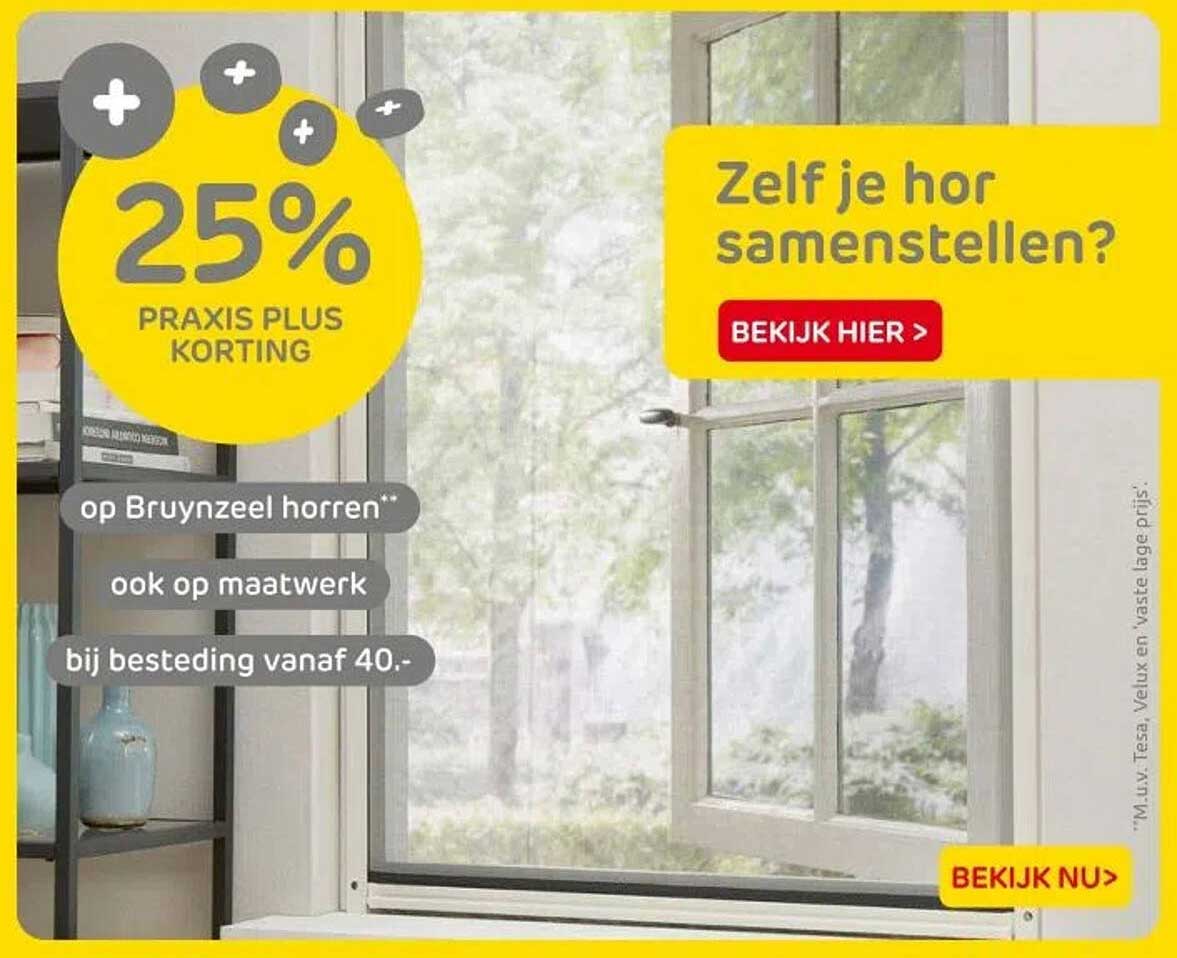 25% PRAKIS PLUS KORTING op Bruynzeel horden* ook op maatwerk bij besteding vanaf 40.-