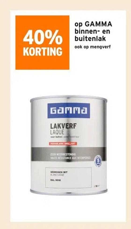 40% KORTING op GAMMA binnen- en buitenlak ook op mengverf