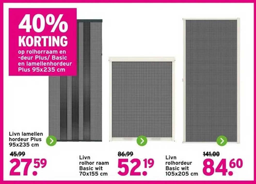 40% KORTING op rolhorraam en -deur Plus/Basic en lamellenhordeur Plus 95x235 cm