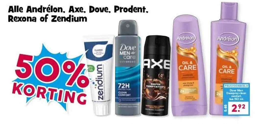 Alle Andrélon, Axe, Dove, Prodent, Rexona of Zendium 50% KORTING