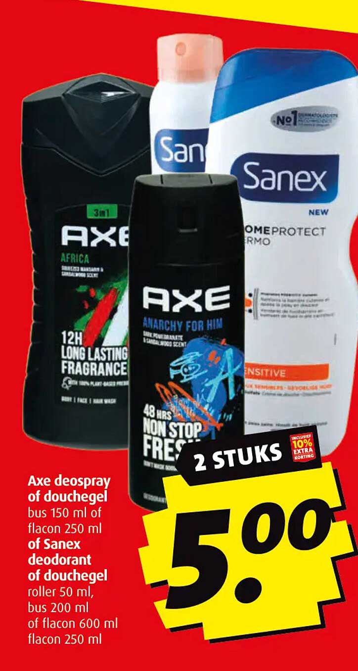 Axe deospray of douchegel bus 150 ml of flacon 250 ml of Sanex deodorant of douchegel roller 50 ml, bus 200 ml of flacon 600 ml flacon 250 ml