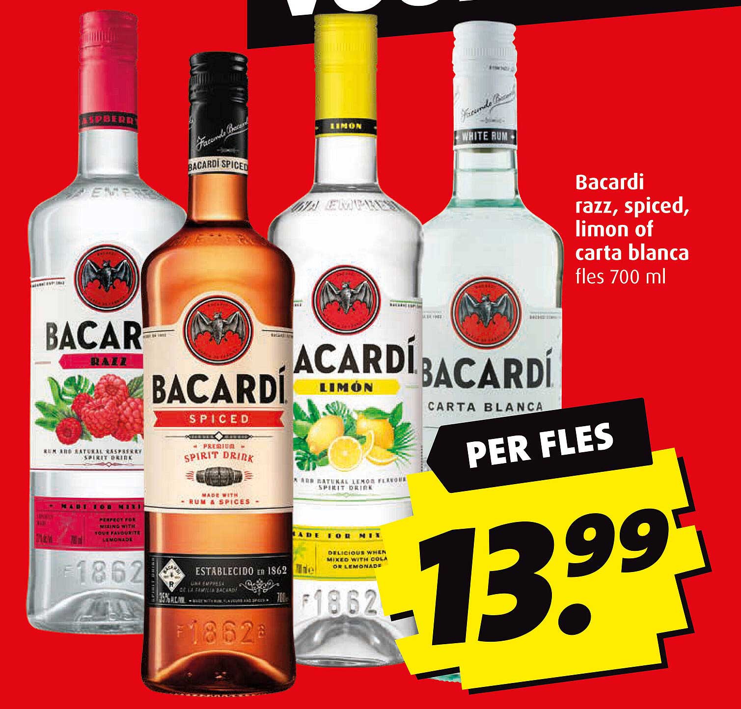 Bacardi razz, spiced, limon of carta blanca fles 700 ml