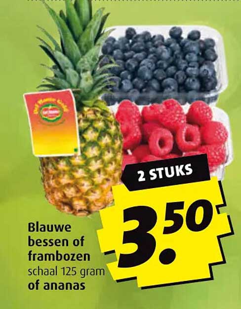 Blauwe bessen of frambozen schaal 125 gram of ananas