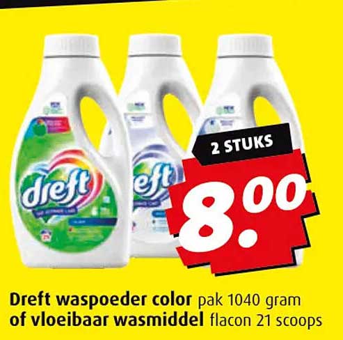 Dreft waspoeder color pak 1040 gram of vloeibaar wasmiddel flacon 21 scoops