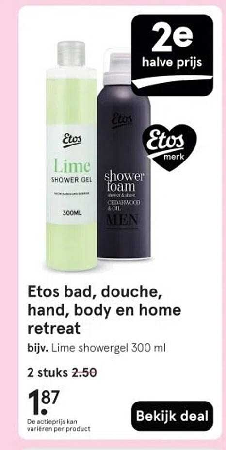 Etos bad, douche, hand, body en home retreat bijv. Lime showergel 300 ml
