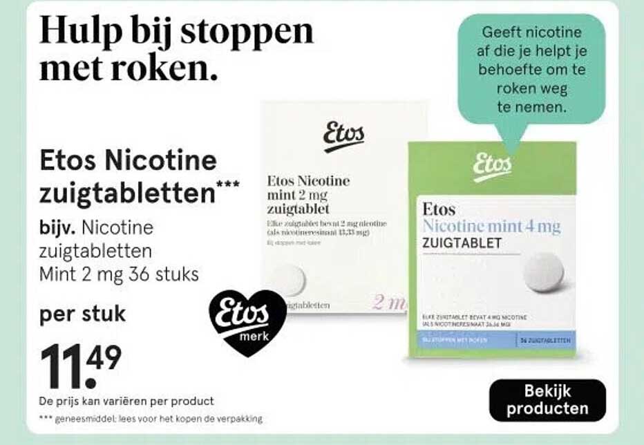 Etos Nicotine zuigtabletten*** bijv. Nicotine zuigtabletten Mint 2 mg 36 stuks