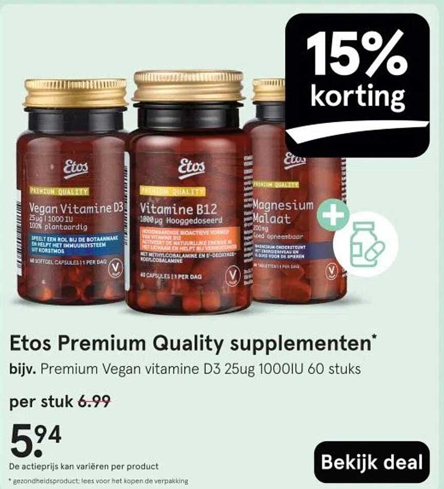 Etos Premium Quality supplementen* bijv. Premium Vegan vitamine D3 25ug 1000IU 60 stuks