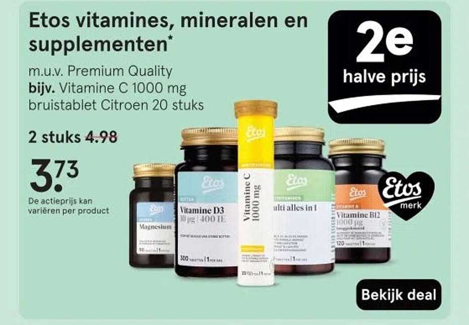 Etos vitamines, mineralen en supplementen* m.u.v. Premium Quality bijv. Vitamine C 1000 mg bruistablet Citroen 20 stuks