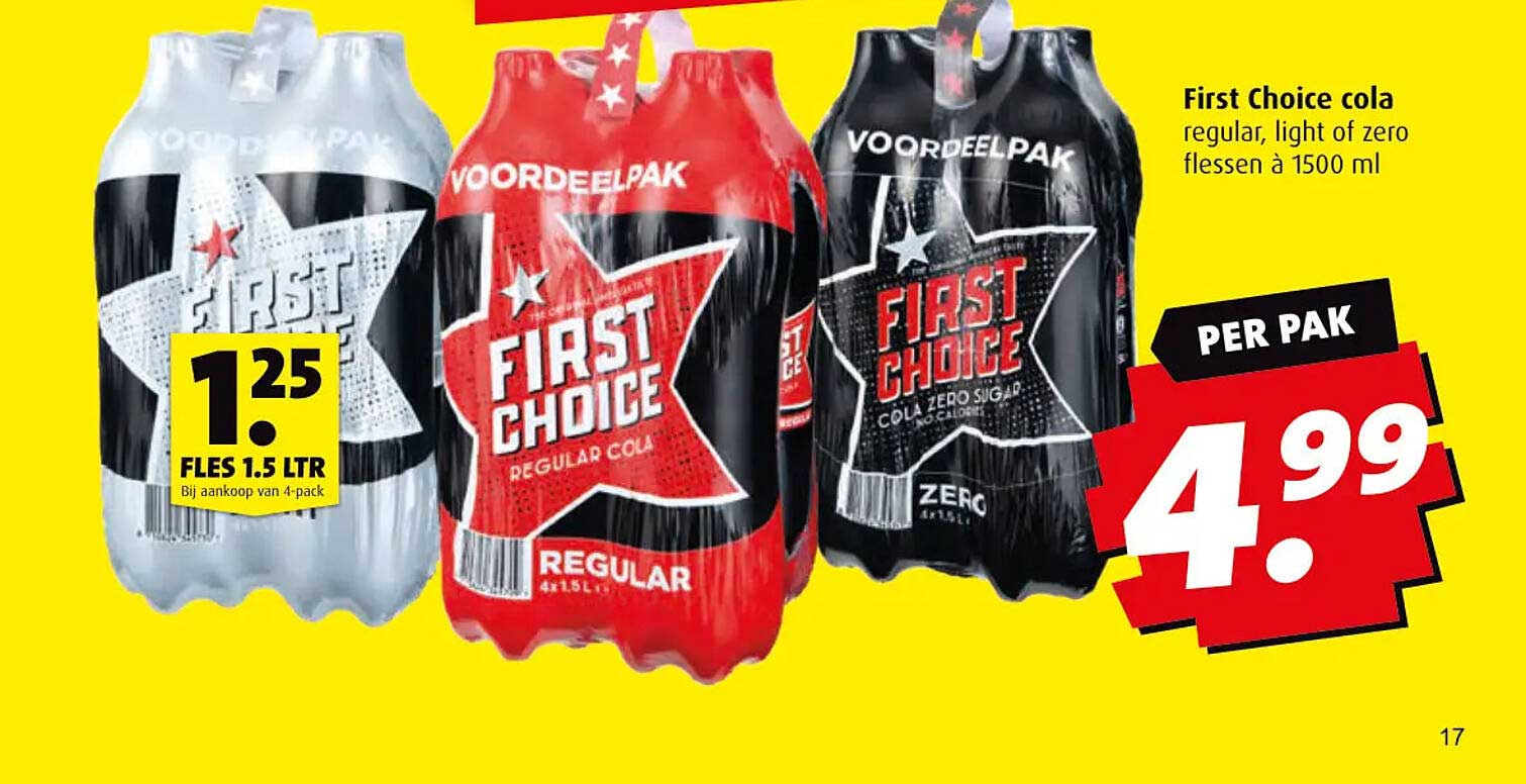 First Choice cola regular, light of zero flessen à 1500 ml
