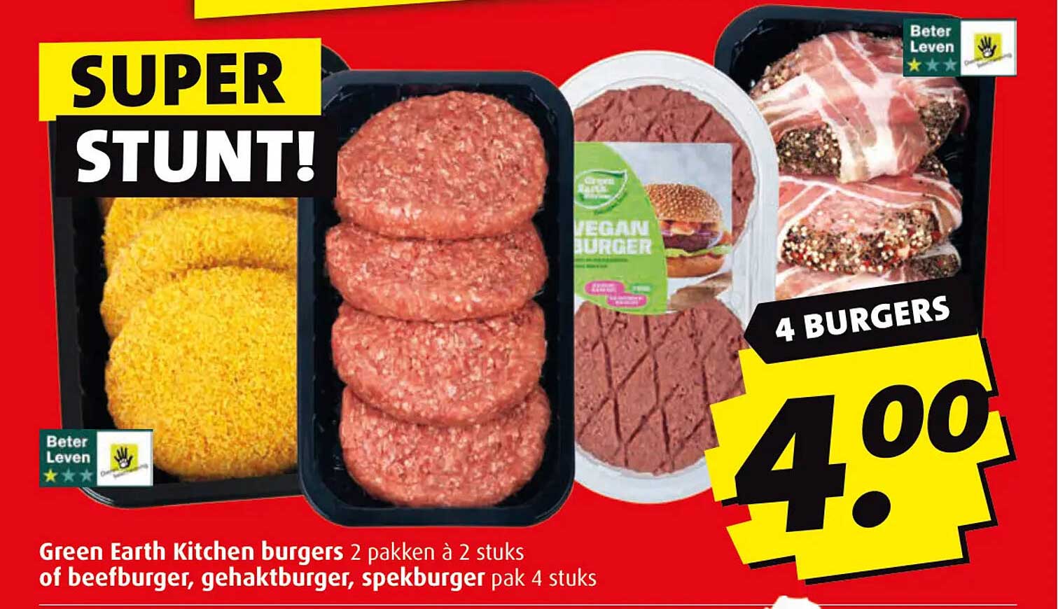 Green Earth Kitchen burgers 2 pakken à 2 stuks of beefburger, gehaktburger, spekburger pak 4 stuks