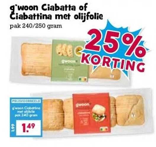 g'woon Ciabatta of Ciabattina met olijfolie pak 240/250 gram