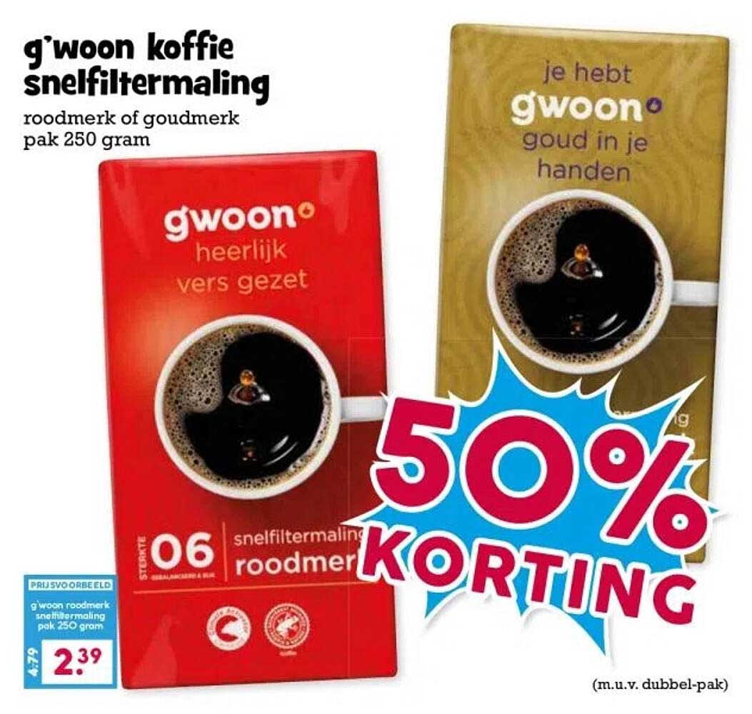 g'woon koffie snelfiltermaling roodmerk of goudmerk pak 250 gram