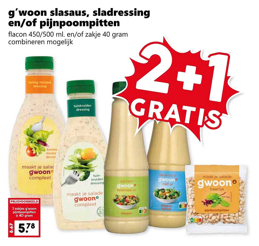 g'woon slasas, sladdressing en/of pijnboompitten flacon 450/500 ml. en/of zakje 40 gram