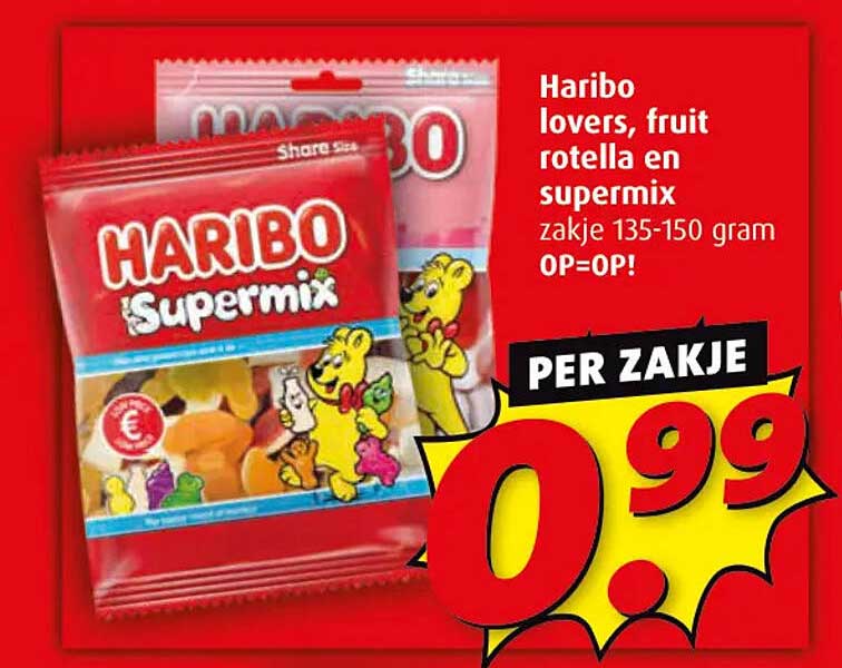 Haribo lovers, fruit rotella en supermix zakje 135-150 gram OP=OP!