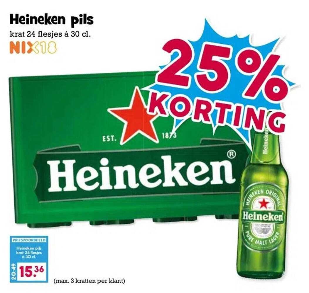 Heineken pils krat 24 flesjes à 30 cl.