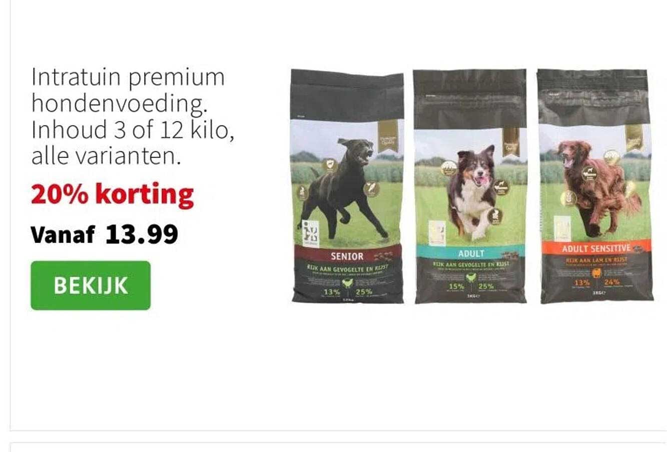 Intratuin premium hondenvoeding. Inhoud 3 of 12 kilo, alle varianten.