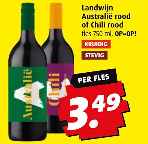 Landwijn Australië rood of chili rood fles 750 ml, OP=OP!