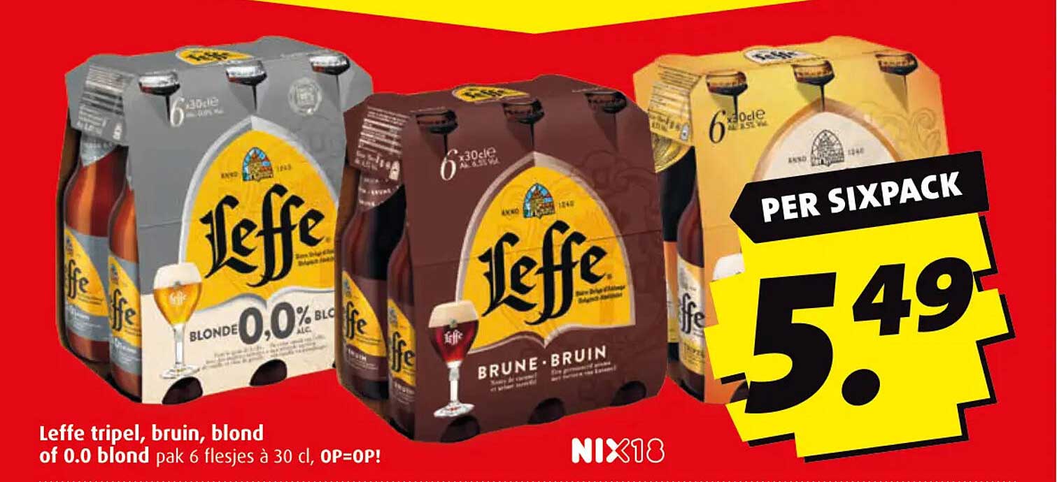 Leffe tripel, bruin, blond of 0.0 blond pak 6 flesjes à 30 cl, OP=OP!