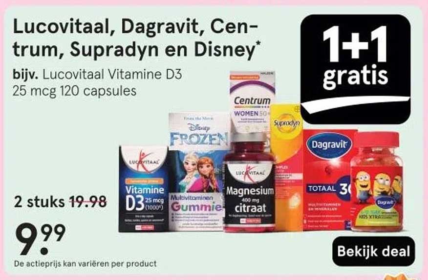 Lucovitaal, Dagavit, Centrum, Supradyn en Disney* bijv. Lucovitaal Vitamine D3 25 mcg 120 capsules