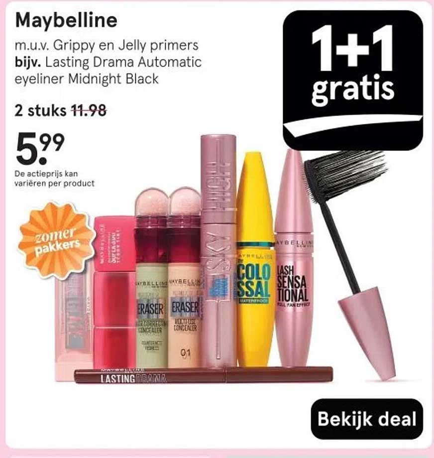 Maybelline m.u.v. Grippy en Jelly primers bijv. Lasting Drama Automatic eyeliner Midnight Black