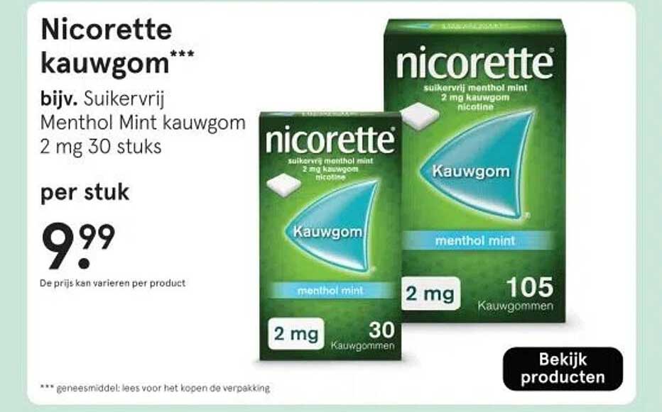 Nicorette kauwgom*** bijv. Suikervrij Menthol Mint kauwgom 2 mg 30 stuks