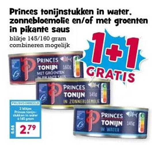 Princes tonijnstukken in water, zonnebloemolie en/of met groenten in pikante saus