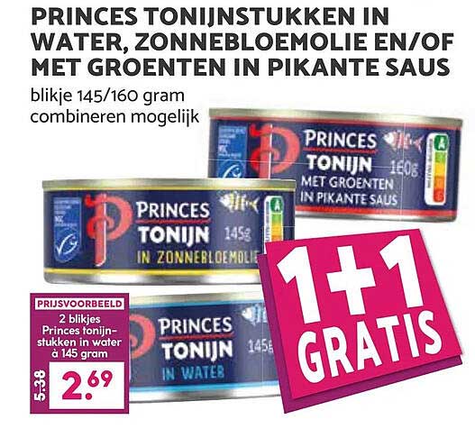 PRINCES TONIJNSTUKKEN IN WATER, ZONNEBLOEMOLIE EN/OF MET GROENTEN IN PIKANTE SAUS
