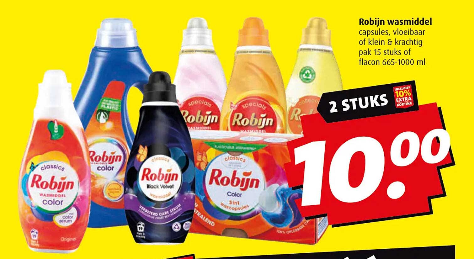 Robijn wasmiddel capsules, vloeibaar of klein & krachtig pak 15 stuks of flacon 665-1000 ml