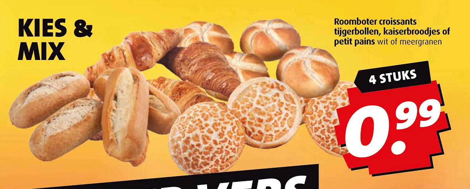 Roomboter croissants, tijgerbollen, kaiserbroodjes of petit pains wit of meergranen