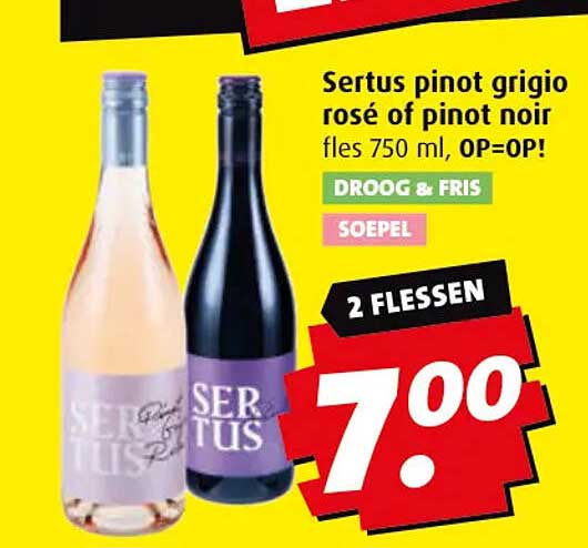 Sertus pinot grigio rosé of pinot noir fles 750 ml, OP=OP!